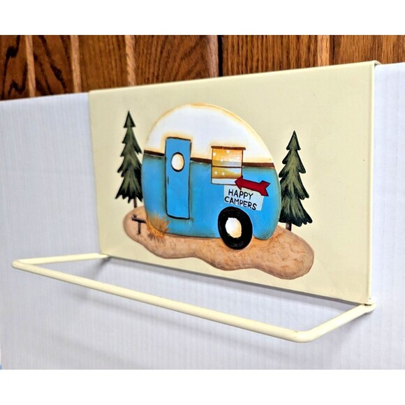 Happy Campers Over the Door Cabinet Towel Holder Retro Trailer Metal Gift NEW - Picture 3 of 7